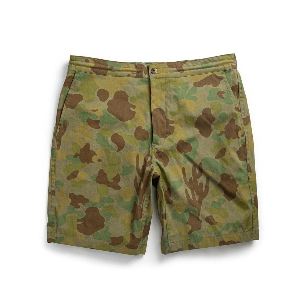 Taylor Stitch Adventure Shorts Men 34 Acid Camo Inseam 7" Green Brown Drawstring